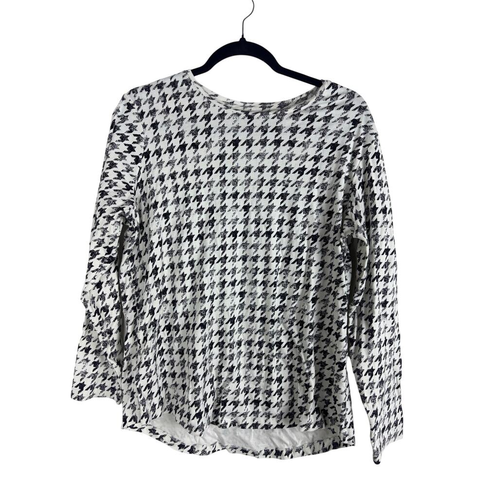 Chico’s Size 2 L Houndstooth Long Sleeve Top Black White 100% Cotton